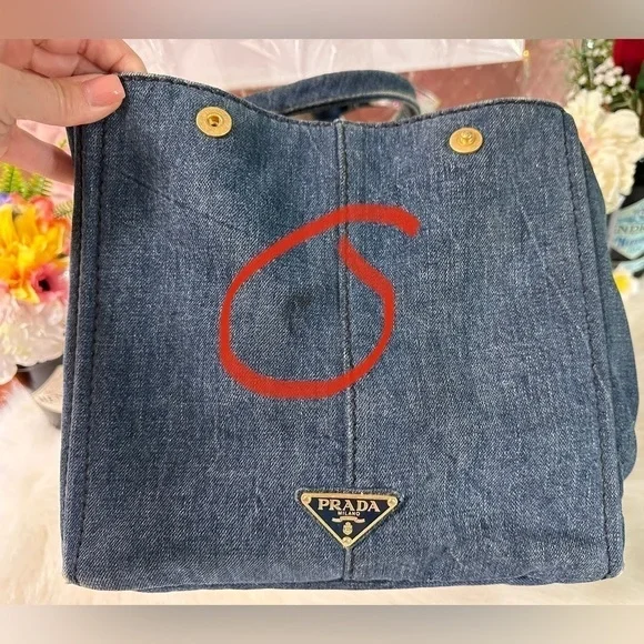 PRADA CANAPA LARGE DENIM TOTE AVIO BLUE LOGO BAG ITALY AUTHENTIC DUST BAG/CARD - Picture 4 of 16